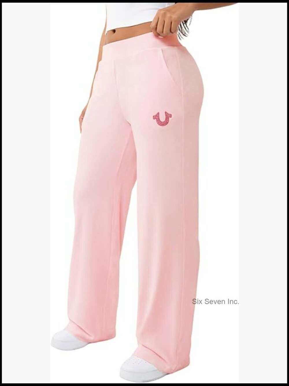 Velour Crystal Straight Leg Sweat Pants, Rhinestone Logo, High-Rise, Stretch